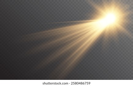 Realistic light on isolated transparent background. Sunlight with special lens flare effect. Sun with glare png. Yellow sun. Light flash gold png. Dawn, sunset, sun png. Flash of light, light effect