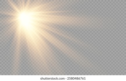 Realistic light on isolated transparent background. Sunlight with special lens flare effect. Sun with glare png. Yellow sun. Light flash gold png. Dawn, sunset, sun png. Flash of light, light effect