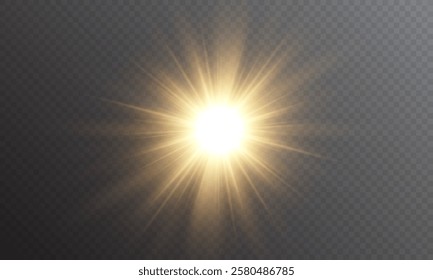 Realistic light on isolated transparent background. Sunlight with special lens flare effect. Sun with glare png. Yellow sun. Light flash gold png. Dawn, sunset, sun png. Flash of light, light effect