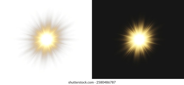 Realistic light on isolated transparent background. Sunlight with special lens flare effect. Sun with glare png. Yellow sun. Light flash gold png. Dawn, sunset, sun png. Flash of light, light effect