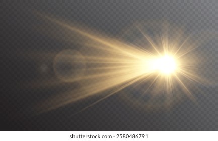 Realistic light on isolated transparent background. Sunlight with special lens flare effect. Sun with glare png. Yellow sun. Light flash gold png. Dawn, sunset, sun png. Flash of light, light effect