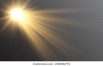 Realistic light on isolated transparent background. Sunlight with special lens flare effect. Sun with glare png. Yellow sun. Light flash gold png. Dawn, sunset, sun png. Flash of light, light effect