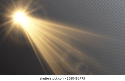 Realistic light on isolated transparent background. Sunlight with special lens flare effect. Sun with glare png. Yellow sun. Light flash gold png. Dawn, sunset, sun png. Flash of light, light effect