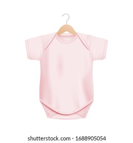 Realistic light pink baby onesie shirt mockup on wooden hanger isolated on white background - newborn clothing mock up with blank copy space - vector illustration.