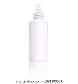 Realistic light plastic bottle with sprayer on white background. Mock-up for cosmetics. Blank template of container for liquid. Vector illustration