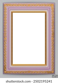 Realistic light purple vintage frame isolated on grey background. Rectangle frames mockup. Classic Photo wooden frame. Purple border for painting, poster, and photo gallery. 3d vector illustration.