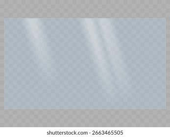 Reflexão realista da luz em um vidro transparente com tom azul. A textura do vidro retangular, moldura, janela com tonalidade azul.	Ilustração de Vetor Stock	