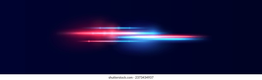 Realistic light reflections, neon illumination in red and blue colors. Bright light lens. Police light effects, lines. Shiny stars, glowing sparks on a black background. Vector