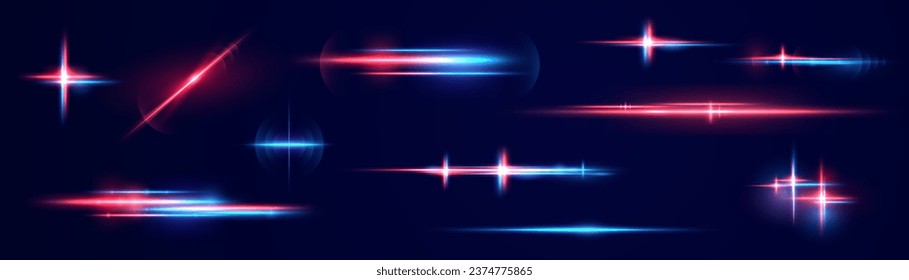 Realistic light reflections, neon illumination in red and blue colors. Bright light lens. Police light effects, lines. Shiny stars, glowing sparks on a black background. Vector