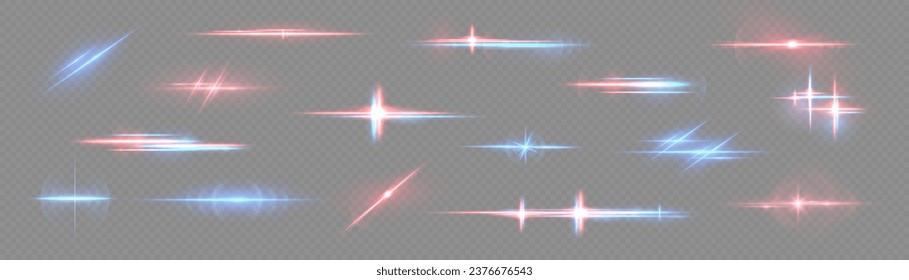 Realistische Lichtreflektionen, Neonbeleuchtung in Rot und Blau. Helles Lichtobjektiv. Polizeiliche Lichteffekte, Linien. Glühende Sterne, leuchtende Funken auf schwarzem Hintergrund. Vektorgrafik