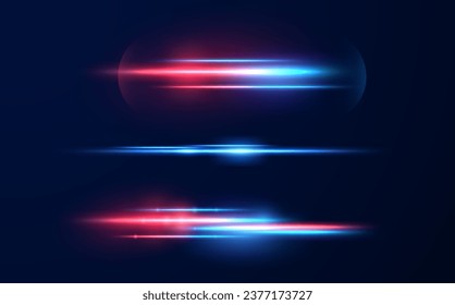 Realistic light reflections, neon illumination in red and blue colors. Bright light lens. Police light effects, lines. Shiny stars, glowing sparks on a black background. Vector