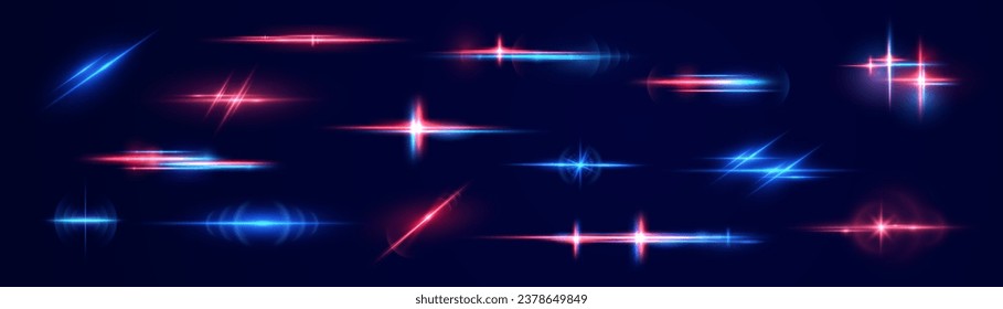 Realistic light reflections, neon illumination in red and blue colors. Bright light lens. Police light effects, lines. Shiny stars, glowing sparks on a black background. Vector