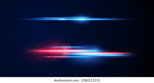 Realistas reflexiones de luz, iluminación de neón en colores rojo y azul. Lente luminosa brillante. Efectos de luz policial, líneas. Estrellas brillantes, chispas brillantes sobre un fondo negro. Vector