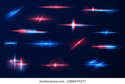 Realistic light reflections, neon illumination in red and blue colors. Bright light lens. Police light effects, lines. Shiny stars, glowing sparks on a black background. Vector