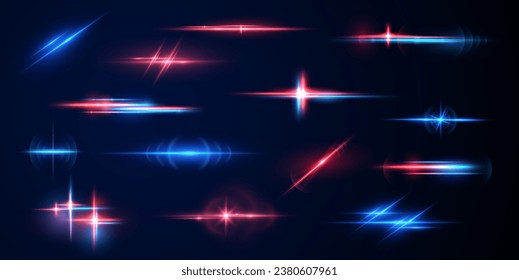 Realistas reflexiones de luz, iluminación de neón en colores rojo y azul. Lente luminosa brillante. Efectos de luz policial, líneas. Estrellas brillantes, chispas brillantes sobre un fondo negro. Vector