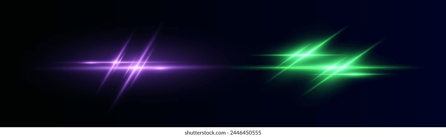 Realistic light reflections, neon illumination in green  colors. Bright light lens. Police light effects, lines. Shiny stars, glowing sparks on a black background. Vector