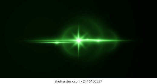 Realistic light reflections, neon illumination in green  colors. Bright light lens. Police light effects, lines. Shiny stars, glowing sparks on a black background. Vector