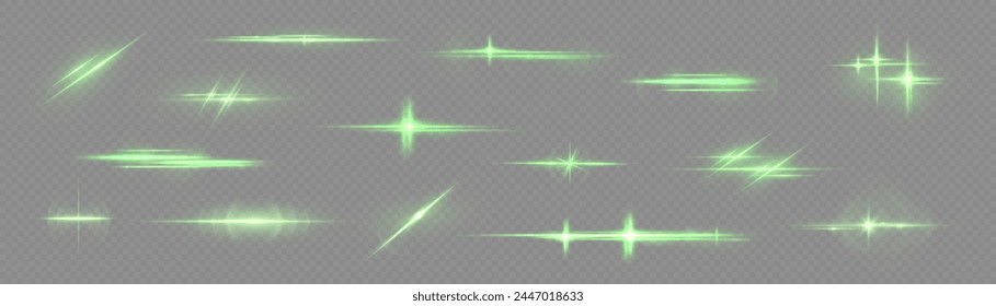 Realistic light reflections, neon illumination in green  colors. Bright light lens. Police light effects, lines. Shiny stars, glowing sparks on a black background. Vector