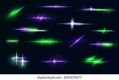 Realistic light reflections, neon illumination in green  colors. Bright light lens. Police light effects, lines. Shiny stars, glowing sparks on a black background. Vector