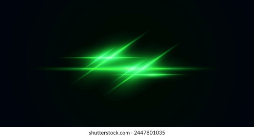 Realistic light reflections, neon illumination in green  colors. Bright light lens. Police light effects, lines. Shiny stars, glowing sparks on a black background. Vector