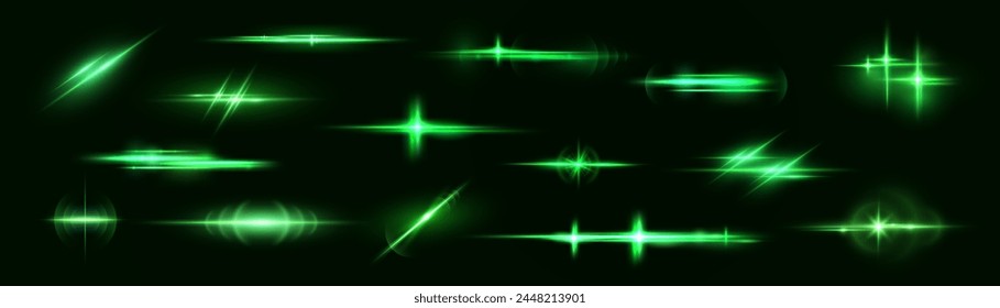 Realistic light reflections, neon illumination in green  colors. Bright light lens. Police light effects, lines. Shiny stars, glowing sparks on a black background. Vector