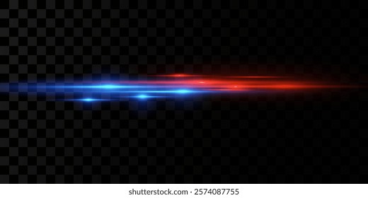 Realistic light reflections, neon illumination in red and blue colors. Police light effects, lines. Shiny stars, glowing sparks on a black background. Vector