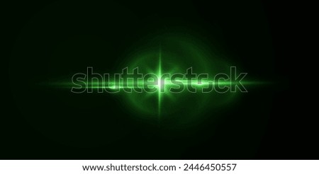 Realistic light reflections, neon illumination in green  colors. Bright light lens. Police light effects, lines. Shiny stars, glowing sparks on a black background. Vector
