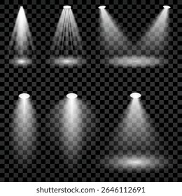 Realistic Light Scenic Spotlight Set for Concert, Stage, Scene and Show on Transparent Dark Background