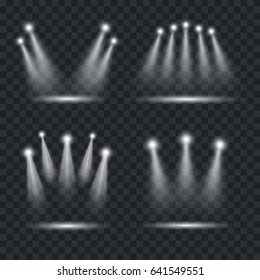 Realistic Light Scenic Spotlight Set for Concert, Stage, Scene and Show on Transparent Dark Background. Vector illustration