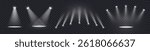 Realistic light source set on transparent bg with reflection on floor.  Spotlight on dark wall, realistic soft concert light on abstract stage png. White projector scene with rays, vector illustration