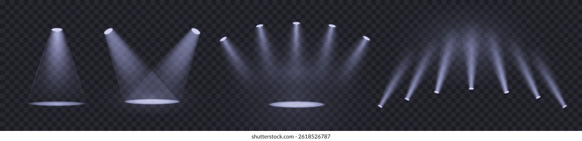 Realistic light source set on transparent bg and reflection on floor.  Spotlight on dark wall, realistic soft concert light on abstract stage png. Blue projector scene with rays, vector illustration.