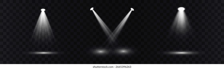 Realistic light source set on transparent bg with reflection on floor.  Spotlight on dark wall, realistic soft concert light on abstract stage png. White projector scene with rays, vector illustration