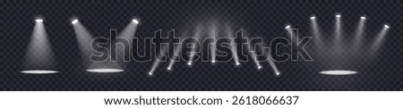Realistic light source set on transparent bg with reflection on floor.  Spotlight on dark wall, realistic soft concert light on abstract stage png. White projector scene with rays, vector illustration