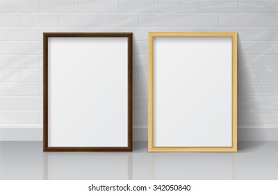 Realistic Light Wood and Dark Wood Blank Picture frame, standing on White Floor at White Brick Wall from the Front. Vector illustration Design Template for Mock Up.