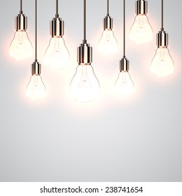 Realistic lightbulbs hanging and working, vector