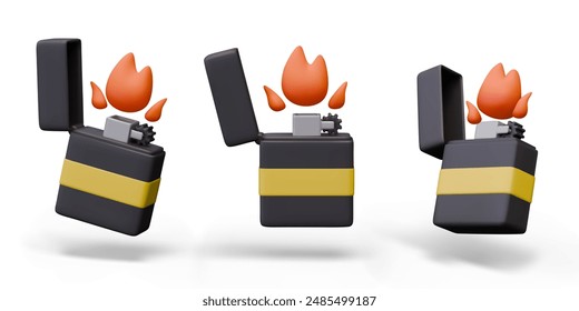 Realistic lighter with fire. Device for easily lighting fire. Vector model in different positions