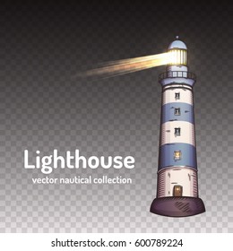 Realistic lighthouse with beams vector illustration.