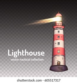 Realistic lighthouse with beams vector illustration.