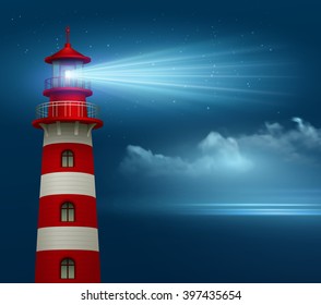 Realistic lighthouse  in the night sky background. Vector illustration EPS10