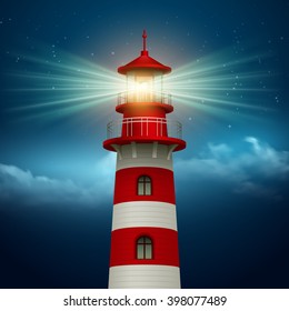 Realistic Lighthouse  In The Night Sky Background. Vector Illustration EPS10