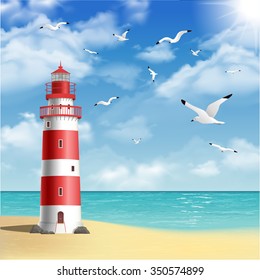 Realistic lighthouse on the beach with seagulls and ocean on background vector illustration