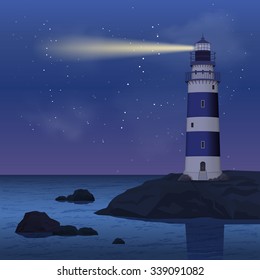 Realistic Lighthouse On Seashore Rock In The Night Vector Illustration