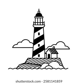 realistic lighthouse vector icon. coastal lighthouse on rocky cliff. red and white striped lighthouse with glowing beacon.