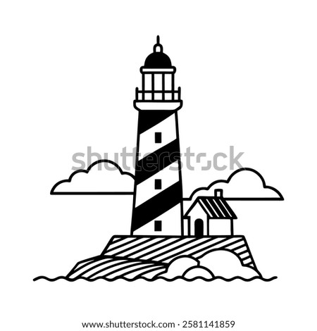 realistic lighthouse vector icon. coastal lighthouse on rocky cliff. red and white striped lighthouse with glowing beacon.