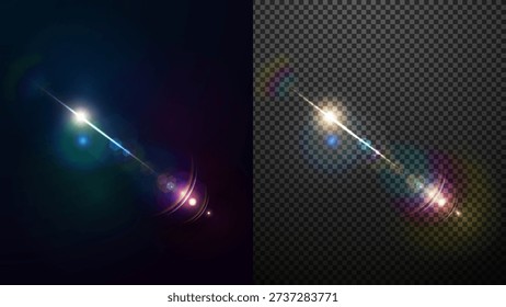 Realistic lighting digital lens flare. Sunlight special lens flare light effect. Lens flare of a light is a orange and pink light show