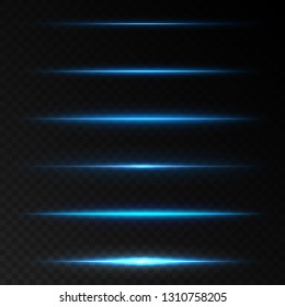 Realistic lighting effects. Horizontal optical lens flare. Blue shining beam.  Set of transparent vector effects for design isolated on black background 