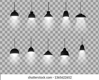 Realistic lighting lamps on transparent background. Illustration with glow light effect.Set of desk lamps vector illustration.