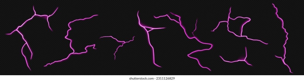 Realistic lightning bolt pattern set, black transparent background. Vector illustration of neon purple cracks, electric discharge on dark sky, thunderstorm flash light effect, destructive power strike