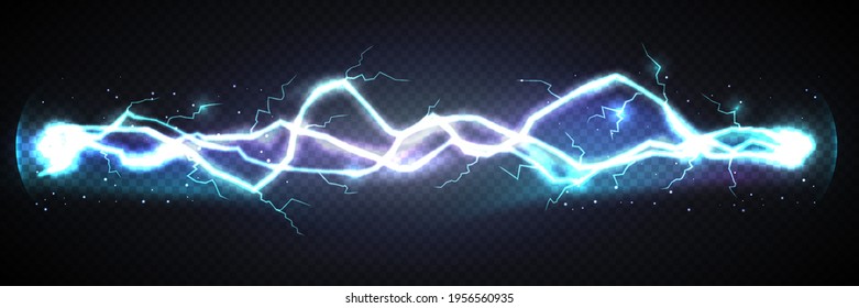 Rayos realistas con una descarga potente sobre fondo oscuro. Ola eléctrica de lado a lado. Efecto de choque trueno, que explota una luz brillante en la oscuridad. Ilustración vectorial 3d del flujo de energía.