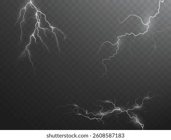 Realistic lightning bolt vector on a transparent background. Bright electric flash with spark, energy, and glow effects—perfect for depicting thunder, storms, and powerful weather visuals